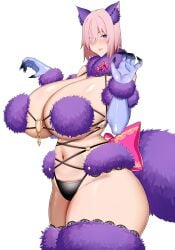 1girls arind_yudha big_thighs blush breasts busty dangerous_beast fate/grand_order fate_(series) female female_only gigantic_thighs huge_breasts huge_thighs large_breasts large_thighs mash_kyrielight massive_thighs navel pink_hair purple_eyes short_hair standing thick_thighs thighs voluptuous white_background