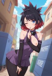 ai_generated bowtiesimp breasts elbow_gloves hiramori_mitsuko looking_at_viewer one_eye_closed petite thick_thighs young yu-gi-oh! yu-gi-oh!_go_rush!!