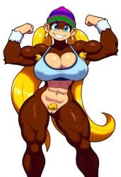 ai_generated blonde_hair bra donkey_kong_(series) earrings flexing gorilla grin long_hair muscular_female nintendo no_panties novelai primate pubic_hair simple_background tiny_kong twintails