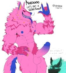 2024 abs alebrije andy_fangerson anthro anthro_only artist_name ass balls bodily_fluids canid canid_demon canine canis cerberus cerberus_(fortnite) demon devil_horns_(gesture) dialogue duo english_text epic_games european_mythology fortnite fur genitals gesture greek_mythology hand_gesture hand_on_hip hellhound hi_res male mammal multi_head muscular muscular_anthro muscular_male mythological_canine mythological_creature mythology notched_ear nude pecs penis pink_body pink_fur pubes ruff signature simple_background solo_male sweat sweatdrop text thought_bubble tongue tongue_out viktor0r wolf