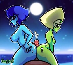 2girls ass assjob big_ass big_breasts cum cum_on_ass cumshot green_jacket_(artist) lapis_lazuli_(steven_universe) looking_at_viewer nipples nude penis peridot_(steven_universe) steven_universe