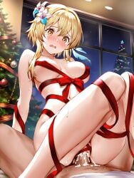 1boy 1boy1girl 1girls absurd_res ai_generated christmas cum cum_in_pussy cum_inside genshin_impact gift half_naked large_breasts lumine_(genshin_impact) medium_breasts ministro nipples on_top pussy raped red_ribbon ribbon ribbon_bondage ribbons sex tree visible_nipples wrapped