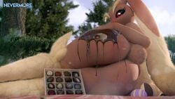 16:9 anthro ass big_butt brown_body brown_fur candy chocolate chocolate_sauce dessert female food fur generation_4_pokemon genitals hi_res long_ears looking_back lopunny lying nevermoredawn nintendo nude on_side pokemon pokemon_(species) pussy red_eyes scut_tail short_tail solo tail widescreen