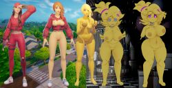 brown_hair cally3d chica_(cally3d) chica_(fnaf) chiku clothing ejejhajsheusususu five_nights_at_freddy's fortnite fortnite:_battle_royale fredina's_nightclub hat human malakisuglypotato_(artlist) naked naked_female ripped_clothing ruby_(fortnite) transformation white_skin yellow_hair yellow_skin