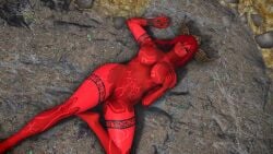 akilandi red_body red_eyes red_hair skyrim sleeping succubus