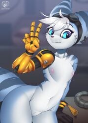 anthro blue_body blue_eyes blue_fur ear_piercing eyewear female flat_chested fur genitals gesture glasses hair hand_gesture hi_res lombax looking_at_viewer mammal metallic_body moonfluffmf nipples piercing pose prothesis pussy ratchet_and_clank rivet_(ratchet_and_clank) robotic_arm screwdriver smile solo sony_corporation sony_interactive_entertainment standing tools v_sign white_hair