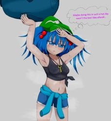 armpits black_tank_top blue_eyes blue_hair breasts female kawashiro_nitori navel nipples see-through_clothes short_hair shorts sweat thighs touhou twintails xsmile