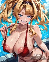 1girls ai_generated aiumbra bikini blonde_female blonde_hair blonde_hair blonde_hair_female blue_eyes breasts breasts_out cleavage clothes_pull female female female_focus female_only granblue_fantasy high_resolution highres huge_breasts large_breasts lips naughty_face nipple_slip nipples red_bikini self_upload smug stable_diffusion swimsuit swimwear thick_thighs thighs zeta_(granblue_fantasy)