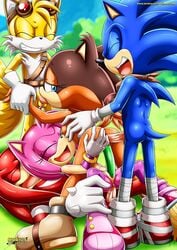 2girls 3boys amy_rose amy_rose_(boom) anal_penetration anthro bbmbbf blue_fur color erection female furry furry_only hedgehog knuckles_the_echidna male mammal mobius_unleashed palcomix sex sonic_(series) sonic_boom sonic_the_hedgehog standing sticks_the_badger sticks_the_jungle_badger sticks_the_tejon tails team_sonic uncensored vaginal_penetration video_games