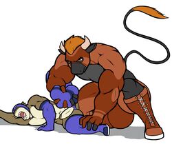 2016 animal_genitalia animal_penis ballbusting balls big_balls bloopa boots bovine cattle clothing cock_and_balls_torture costume facial_hair footwear fur hair horn male male_only mammal orange_eyes orange_hair penis underwear