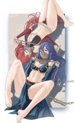 2girls alternate_costume arabian_clothes bangs bare_legs bare_midriff bare_shoulders barefoot bedroom_eyes belly_dancer belly_dancer_outfit blue_eyes blue_hair blush bondage breasts chain_leash chains cleavage collar collarbone cosplay detached_sleeves earrings english_commentary female female_only femsub fire_emblem fire_emblem_awakening hair_between_eyes hair_ornament harem harem_outfit highres jewelry large_breasts legs loincloth long_hair looking_at_viewer lucina_(fire_emblem) medium_breasts midriff mouth_veil multiple_girls multiple_subs navel nintendo pelvic_curtain pomelomelon red_eyes red_hair revealing_clothes seductive see-through severa_(fire_emblem) sideboob simple_background slave slave_bikini slave_collar slave_leia_(cosplay) slave_outfit slavegirl smile star_wars symbol-shaped_pupils tiara twintails veil very_long_hair