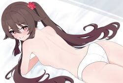 1girls artist_request ass brown_hair female female_only female_solo genshin_impact hu_tao_(genshin_impact) long_hair panties panties_only solo solo_female solo_only topless topless_female white_panties