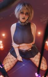 1girls big_breasts black_lipstick choker cyberpunk_2077 fishnets fugtrup gigantic_breasts goth goth_girl misty_olszewski see-through