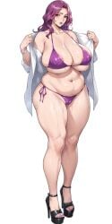 1girls blush breasts chubby chubby_female cleavage code_geass collarbone cornelia_li_britannia curvy female highres large_breasts lipstick long_hair looking_at_viewer makeup mature_female nanabe_78 navel plump purple_eyes purple_hair sexy simple_background solo swimsuit thick_thighs thighs wide_hips