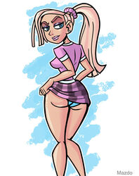 ass back_view blonde_hair blue_background blue_eyes blue_panties courtney_babcock female female_focus female_only looking_back mr-mazdo panties paranorman ponytail skirt_lift solo thighs upskirt white_background