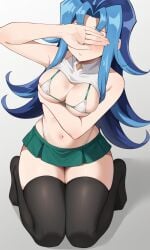 blue_hair blush bra breasts covering female hi_res kamishiro_rio kneeling legwear mochizo_(artist) navel nervous red_eyes rio_kamishiro shy sitting skirt solo teenager thighs tiptoes underwear yu-gi-oh! yu-gi-oh!_zexal