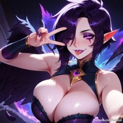 ai_generated balecxi bare_shoulders cleavage feathers female hair_over_one_eye large_breasts league_of_legends looking_at_viewer makeup morgana one_eye_closed pointy_ears purple_hair purple_nails short_hair smile solo tongue tongue_out upper_body v v_over_eye wings