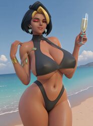ai_generated belly_button big_breasts breasts curvy curvy_female domina female female_only hips huge_breasts indian indian_female konovalov large_breasts nipple_bulge overwatch overwatch_2 swimsuit swimwear teasing teasing_viewer thick_thighs thighs underboob wide_hips wine wine_glass wink winking_at_viewer
