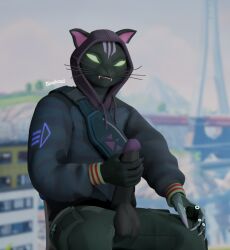 anthro anthro_only balls black_fur clothed feline fortnite glowing_eyes green_eyes hood jacket male_only nyanja_(fortnite) penile_masturbation penis purple_fur solo