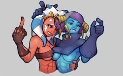 2girls abs ahsoka_tano alien arm_around_waist athletic_female blue_body blue_skin female female_focus female_only gloves green_eyes hand_on_head markydaysaid middle_finger orange_body orange_skin pantoran purple_eyes riyo_chuchi senator_chuchi small_penis_humiliation star_wars tagme togruta underboob