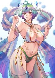 1girls abdomen accessories belly_dancer big_breasts blueriest collar cyan_hair dancer female fire_emblem fire_emblem_heroes goddess jewelry large_breasts looking_at_another multicolored_hair navel seidr_(fire_emblem) short_hair smile solo thighs underwear yellow_eyes