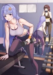 2d 2d_(artwork) 2girls ass belly belly_button big_breasts black_hair breasts cellphone cleavage commission date_a_live exercise exposed_torso grey_eyes grey_hair gym gym_clothes gym_shorts gym_uniform headwear izayoi_miku lifting light-skinned_female long_hair medium_breasts red_eyes taking_picture thighs tokisaki_kurumi weights