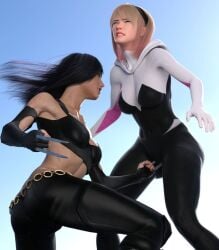 2girls cuntbusting female female_only gwen_stacy marvel multiple_girls spider_gwen x-23 x-men