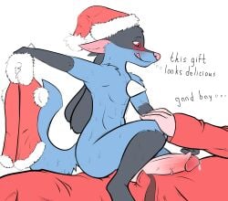 anthro aricks137 blue_body bodily_fluids christmas clothing costume dialogue duo ears_back erection generation_4_pokemon genital_fluids genitals grey_body hi_res holidays human humanoid_genitalia humanoid_penis hybrid lucario male male/male mammal nintendo nude_male penis pink_nose pivoted_ears pokemon pokemon_(species) precum raised_tail red_eyes santa_costume sitting_on_another smile tail