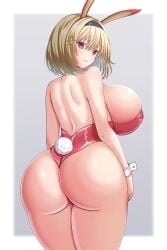 animal_ears ass black_pantyhose blonde_hair blush breasts closed_mouth fake_animal_ears goddess_of_victory:_nikke highres huge_ass huge_breasts leotard nabeshiita_(atsuryoku_nabe) playboy_bunny rabbit_ears rabbit_tail red_eyes red_leotard red_shoes_(nikke) short_hair shoulder_blades sidelocks simple_background smile solo standing tail wide_hips