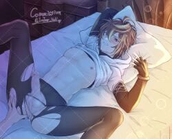 1boy abs absurdres ahoge anus blush brown_hair clenched_teeth commission disembodied_hand elbow_gloves erection fingerless_gloves gloves granblue_fantasy highres holding holding_pillow hood hood_down icetear lying messy_hair nipples on_back on_bed pantyhose partially_undressed pillow sandalphon_(granblue_fantasy) shirt short_hair short_sleeves signature spread_anus spread_legs teeth torn_clothes torn_pantyhose turtleneck watermark white_hood white_shirt yaoi