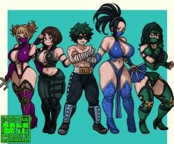 big_breasts cleavage cosplay curvy curvy_figure himiko_toga huge_breasts izuku_midoriya jade_(mortal_kombat)_(cosplay) johnny_cage_(cosplay) kitana_(cosplay) looking_at_viewer mileena_(cosplay) momo_yaoyorozu mortal_kombat my_hero_academia ochako_uraraka shosho_oekaki sonya_blade_(cosplay) thick_thighs tokage_setsuna