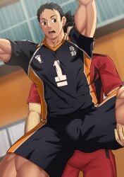 2boys black_hair haikyuu!! kuroo_tetsurou male male/male male_only muscles muscular muscular_male open open_mouth sawamura_daichi short_hair shorts spread_legs