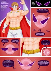 abs blonde_hair blue_eyes cape comic dialogue dialogue_bubble gay inside male_only muscular muscular_male nude nude_male ovum pecs rub_lug superhero yaoi