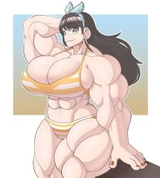 abs bikini black_hair commission female female_focus female_only hand_behind_head hololive hololive_gen_2 hololive_japan muscle muscle_girl muscles muscular muscular_arms muscular_female muscular_thighs oozora_subaru original_art original_artwork sitting striped_bikini tag-a-long virtual_youtuber yellow_bikini