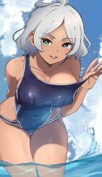 absurdres ahoge aqua_eyes blue_mizugi blue_one-piece_swimsuit blue_sky blush breasts cloud cloudy_sky commission competition_swimsuit covered_erect_nipples covered_navel dark-skinned_female dark_skin erect_nipples erect_nipples_under_clothes erect_nipples_under_swimsuit female grey_hair gundam gundam_suisei_no_majo hand_up highres large_breasts leaning_forward looking_at_viewer mizugi mizuno374 nipples_visible_through_clothing one-piece_swimsuit parted_bangs secelia_dote short_hair skeb_commission sky smile solo strap_pull swimsuit thick_thighs thighs wading water white_nails