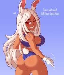 animal_ears animal_tail ass bangs bare_shoulders blush breasts bunny_ears bunny_girl bunny_tail chemical-bro clothing dark-skinned_female dark_skin english_language english_text female female female_only from_behind gloves grin heart huge_ass large_ass large_breasts long_eyelashes long_hair looking_at_viewer looking_back mirko miruko my_hero_academia one_eye_closed parted_bangs pointing red_eyes shiny_skin sideboob smile solo sports_bra sweat tail teeth text thick_thighs thighs underwear usagiyama_rumi white_gloves white_hair wide_hips wink