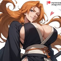 ahegao_ai ai_generated bleach bleach:_sennen_kessen-hen bleach:_the_thousand-year_blood_war grey_eyes grin heart katana kimono large_breasts matsumoto_rangiku matsumoto_rangiku one_eye_closed orange_hair sideboob