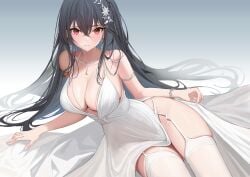 absurdres azur_lane backless_dress backless_outfit black_hair breasts center_opening cleavage cocktail_dress crossed_bangs dress evening_gown female garter_straps highres jewelry large_breasts long_hair looking_at_viewer necklace official_alternate_costume plunging_neckline red_eyes satin_dress side_slit simple_background sleeveless sleeveless_dress taihou_(azur_lane) taihou_(temptation_on_the_sea_breeze)_(azur_lane) thighhighs underline_(yuki154cm) wedding_dress white_dress white_garter_straps white_thighhighs