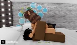 1boy 1girls 3d balls big_ass big_breasts big_butt big_cock big_penis blackhornzz brown_hair dark-skinned_male dreadlocks elf_ears eye_contact female female_on_top interracial nipples riding roblox robloxian tagme text twitter_username