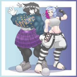 2girls abs barefoot big_breasts breast_outline clothed clothed_female commission female female_focus female_only flexing flexing_arm flexing_bicep holding_hands human marie_(tag-a-long) melony_(mr_deus_vult) mime mime_girl mouthless mouthless_female multicolored_hair muscle muscle_girl muscles muscles_through_clothes muscular muscular_arms muscular_female muscular_legs muscular_thighs noseless original original_art original_artwork outfit_swap tag-a-long