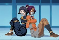 2girls ai_generated arms_tied_behind_back black_hair bleach blue_eyes bondage bound_ankles bound_legs gag gagged looking_at_viewer purple_hair shihouin_yoruichi sitting_on_ground soifon tape_gag yellow_eyes