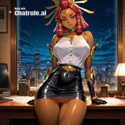 1girl ai_assisted ai_generated armor bare_shoulders beautiful_eyes black_bodysuit city cityscape clouds cowboy_shot crotchless curvy dark_skin dark_theme detailed_pussy dynamic_lighting elbow_gloves fishnets gloves green_eyes hair_tubes high_contrast kagami_hirotaka koukawa_oboro looking_at_viewer neon_lights night night_sky outdoors pointy_ears red_hair riju soft_shading solo taimanin_asagi_zero taimanin_suit tears_of_the_kingdom the_legend_of_zelda thigh_gap visible_pussy