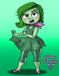 2d_(artwork) artist_signature big_eyes blush dark_pikchu disgust disgust_(inside_out) disgusted disgusted_look emotions eyelashes green_eyes green_hair green_skin high_heels inside_out leggings lifting_skirt scarf thick_legs thick_thighs