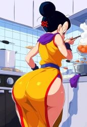 ai_generated anger_vein angry ass_focus cel_shading chichi china_dress cooking dragon_ball_z highres huge_ass milf