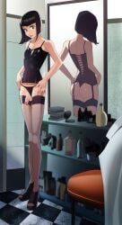 black_hair fishnets mirror platform_heels tagme voidnosferatu