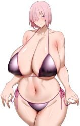 1girls arind_yudha big_thighs bikini blush breasts busty fate/grand_order fate_(series) female female_only huge_breasts huge_thighs large_breasts large_thighs mash_kyrielight navel pink_hair purple_hair short_hair swimsuit thick_thighs thighs voluptuous white_background