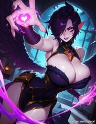 ai_generated balecxi bare_shoulders black_dress black_wings cleavage feathered_wings female fingernails hair_over_one_eye heart huge_breasts indoors league_of_legends looking_at_viewer morgana parted_lips pink_eyes pointy_ears short_hair smile solo window