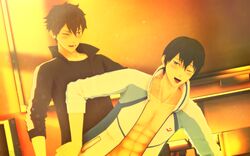 2boys 3d abs black_hair black_hair_bottom blue_eyes blush brown_hair brown_hair_on_black_hair brown_hair_top classroom clothed clothed_sex crying domination free! gay high_speed! kaitopics kirishima_natsuya light_hair_on_dark_hair multiple_boys muscles nanase_haruka_(free!) open_clothes open_shirt red_eyes saliva shirt yaoi