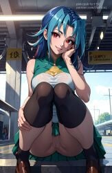 ai_generated ass_focus blue_hair blush edit female kamishiro_rio legwear pak-fa-t-50 pussy red_eyes rio_kamishiro skirt smile solo teenager thighs tiptoes uncensored yu-gi-oh! yu-gi-oh!_zexal