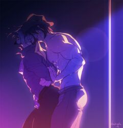 2boys anal ass black_hair black_hair_bottom brown_hair brown_hair_on_black_hair brown_hair_top clothed clothed_sex cole_cassidy domination from_behind gay hanzo_shimada light_hair_on_dark_hair male_only minghii multiple_boys muscle overwatch restrained sex smile sweat wince yaoi